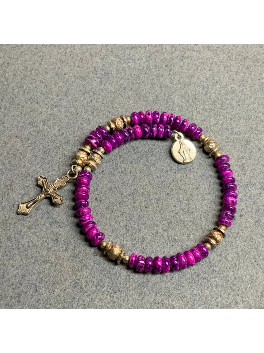 Rosary-Inspired Bead Bracelet Memory Wire Purple Swirl Crucifix Mary Medallion